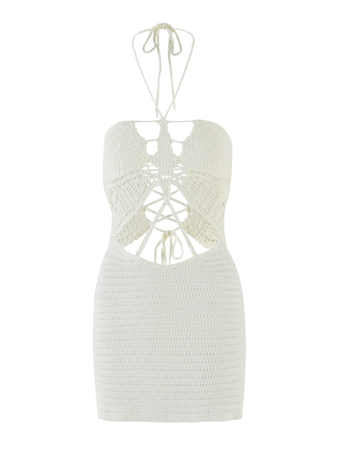 The AZADI MINI DRESS by TIGERMIST features a white crochet halter neck, open back, and lace-up cutouts on the front and sides—a flirty mini dress perfect for any occasion.