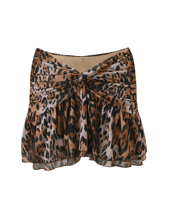 The AZALEA TWIST MINI SKIRT - LEOPARD by TIGERMIST features a playful tiered flounce hem, gathered waist, front twist detail, and is crafted from lightweight, semi-sheer fabric.