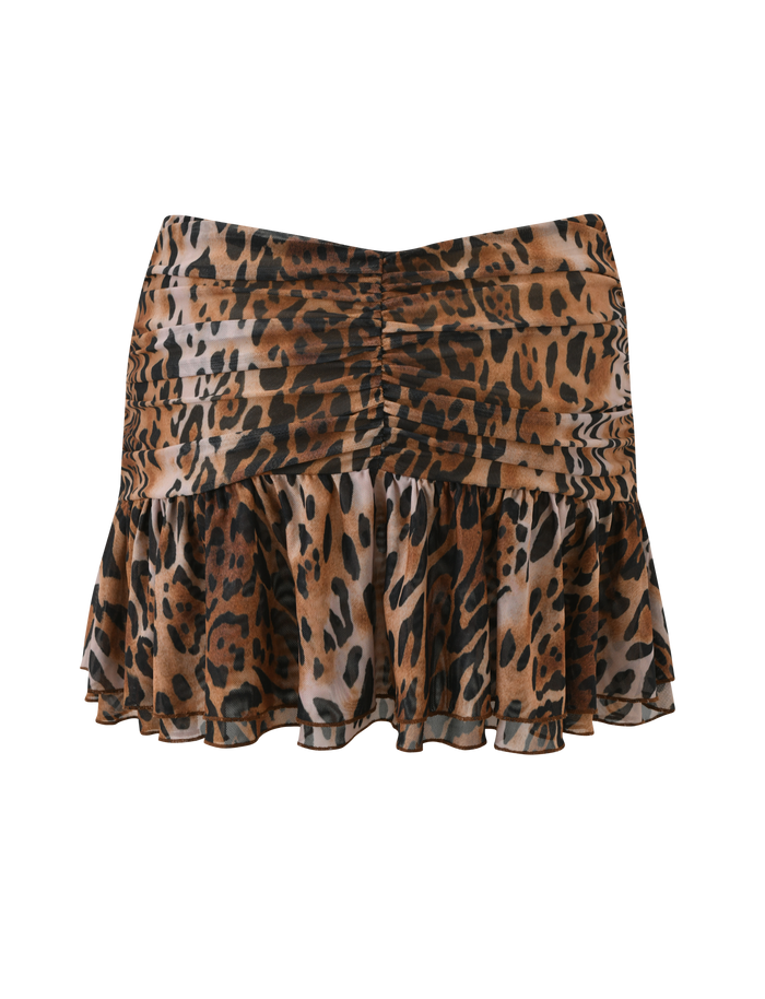 The TIGERMIST AZALEA TWIST MINI SKIRT - LEOPARD features a leopard print, ruched waistband, and tiered flounce hem, displayed against a plain white background.