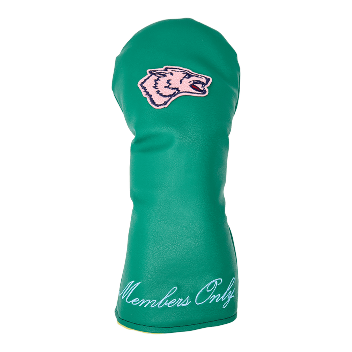 Green Leather Azalea Wolf Driver Headcover - Front View, Members Only Script | Greyson Clothiers