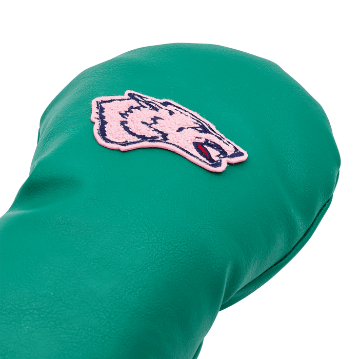 Azalea Wolf Driver Headcover - Pink Wolf Patch Close-Up Detail on Green Leather | Greyson Clothiers