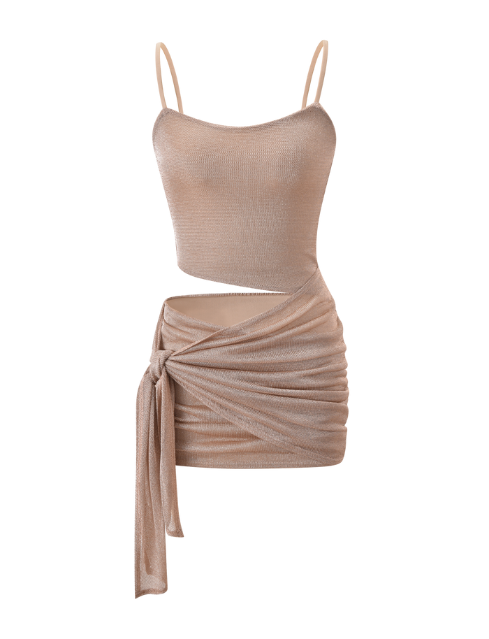 The AZELMA DRESS 2.0 - GOLD by TIGERMIST is a shimmery beige sleeveless dress with thin straps, square neckline, asymmetrical waist cut-out, fitted skirt, and draped side tie detail.