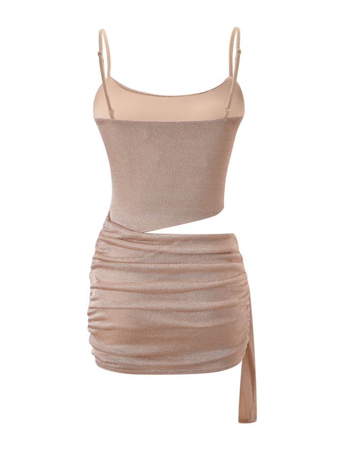 The TIGERMIST AZELMA DRESS 2.0 - GOLD is a beige, sleeveless, one-shoulder mini dress featuring a ruched skirt, an asymmetrical waist cut-out, and a single draped strap detail.