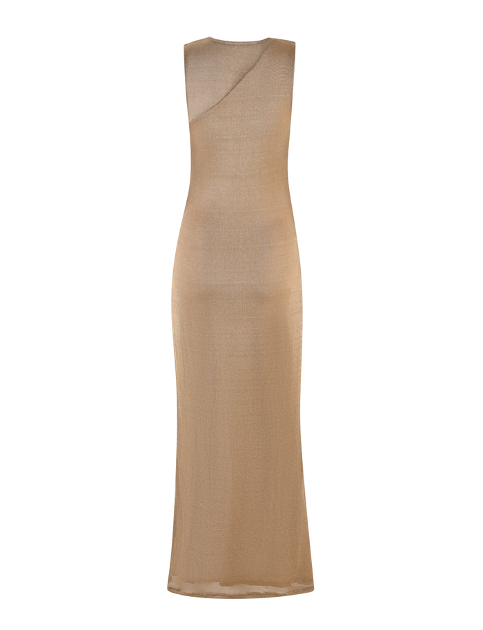 The TIGERMIST AZELMA MAXI DRESS - GOLD features a sleeveless, floor-length silhouette in sheer gold metallic knit with a fitted shape and subtle asymmetrical neckline, shown on a plain white background.