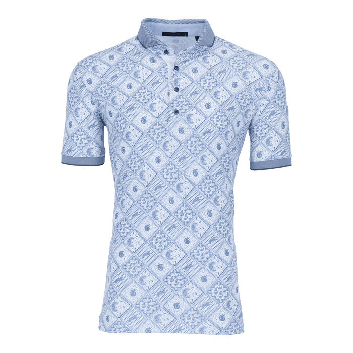 Greyson Clothiers Bandana Diaries Polo in Arctic - Front View, paisley bandana print men's golf polo