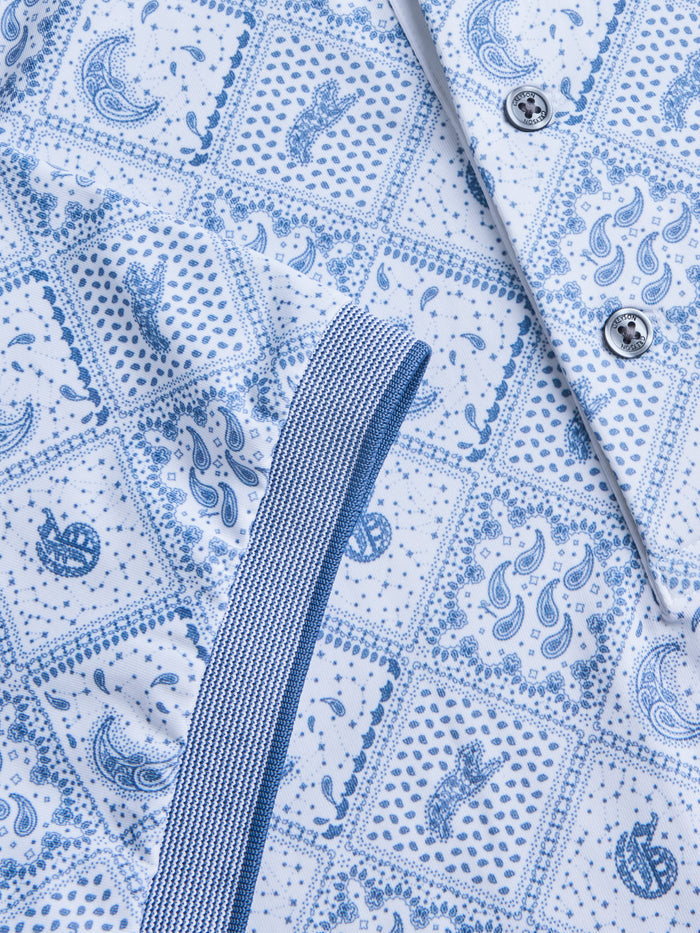 Greyson Bandana Diaries Polo - Ribbed Sleeve Cuff & Four-Button Placket Detail, bandana print | Greyson Clothiers