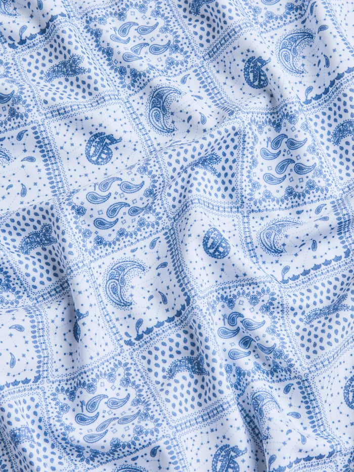 Greyson Bandana Diaries Polo - Arctic Paisley Bandana Print Fabric Close-Up with Gothic G Motif | Greyson Clothiers