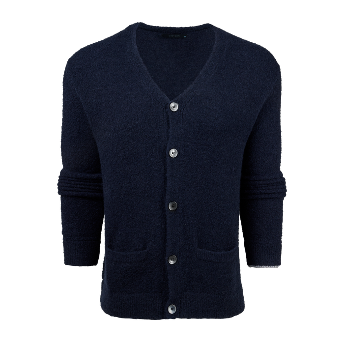 Maltese Blue Bedford Bouclé Cardigan Front View - Men's Boucle Cardigan, Button Placket | Greyson Clothiers