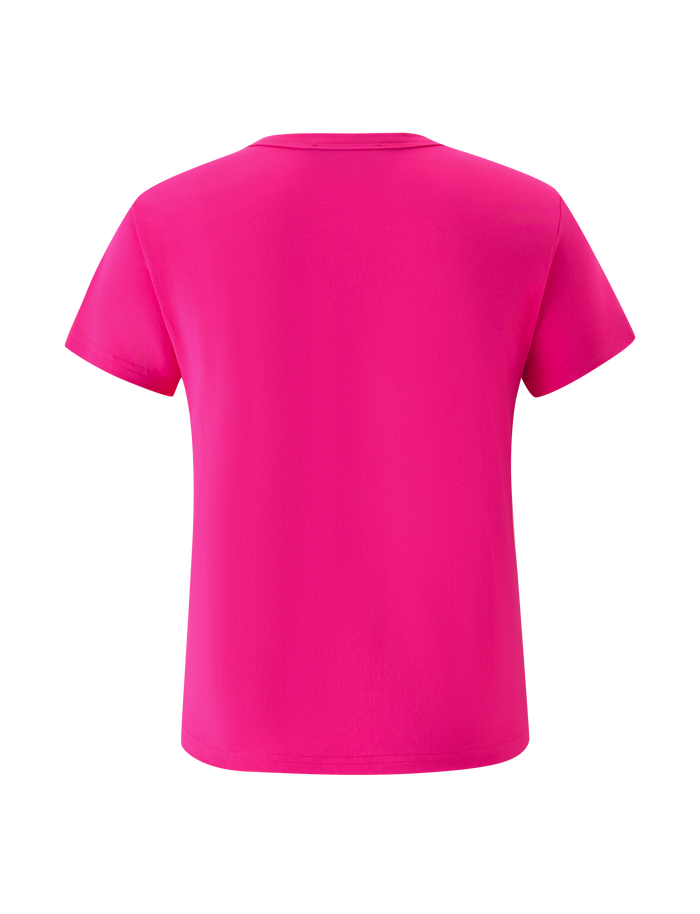 The BELLA BABY TEE - HOT PINK by TIGERMIST is displayed from the back against a white background, showcasing this classic short-sleeve T-shirt’s vibrant pop of personality.