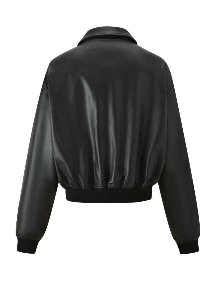 The BEREN JACKET - BLACK by TIGERMIST is a black faux leather bomber with a collared neck, ribbed waistband and cuffs, and a smooth, plain back view.