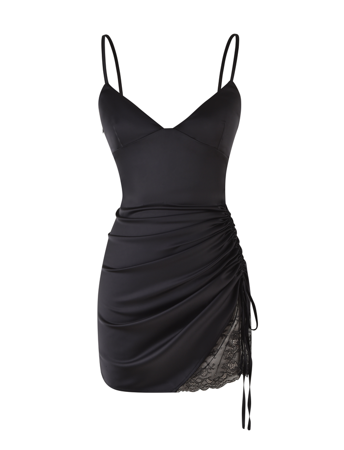 The TIGERMIST BEXLEY MINI DRESS - BLACK features a sleeveless satin design with adjustable spaghetti straps, v-neckline, ruched side detailing, and a lace-trimmed slit on the right side.