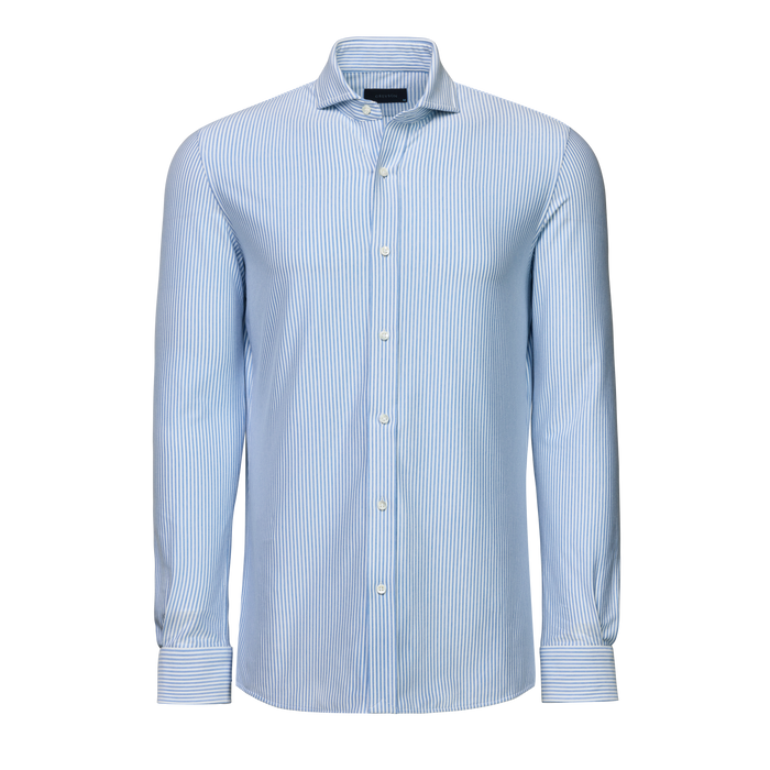 Wolf Blue/Arctic Birmingham Bengal Striped Knit Shirt - Front View, Men's Premium Dress Shirt | Greyson Clothiers