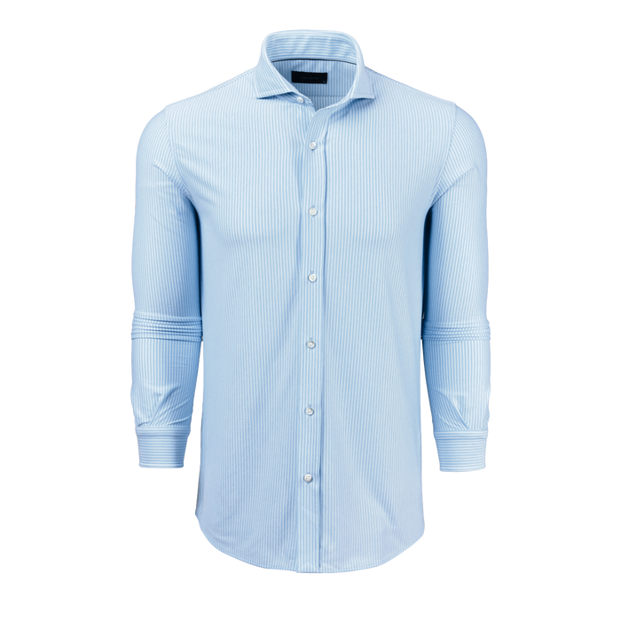Wolf Blue Birmingham Striped Knit Shirt - Front View, Cutaway Collar, Rolled Cuffs | Greyson Clothiers