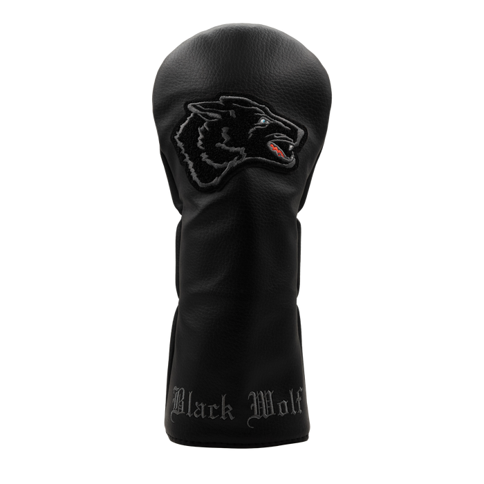 Black Leather Wolf Driver Head Cover - Front View, Embroidered Wolf Patch | Greyson Clothiers