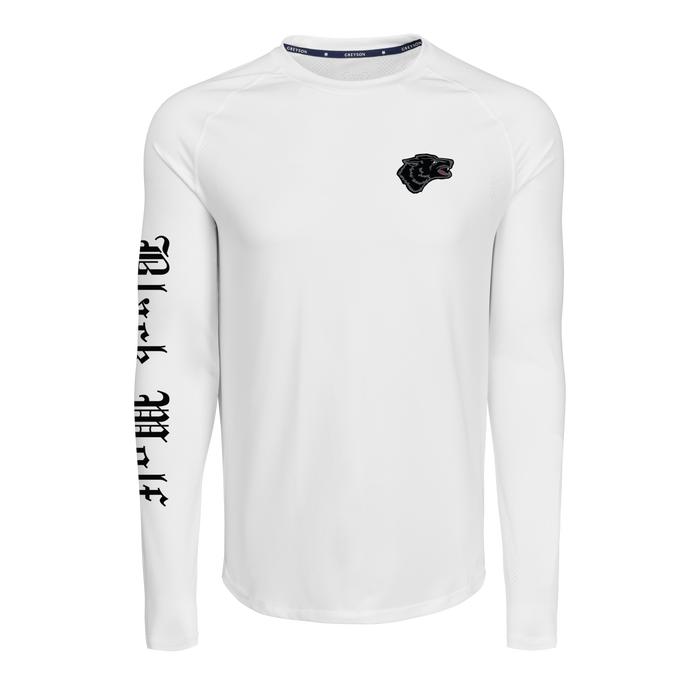 Arctic White Black Wolf Falcon Long Sleeve Tee - Front View, Perforated Performance Fabric | Greyson Clothiers
