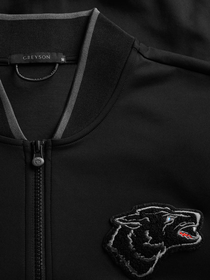 Black Wolf Sequoia Bomber - Embroidered Wolf Head Patch & Ribbed Bomber Collar Close-Up | Greyson Clothiers