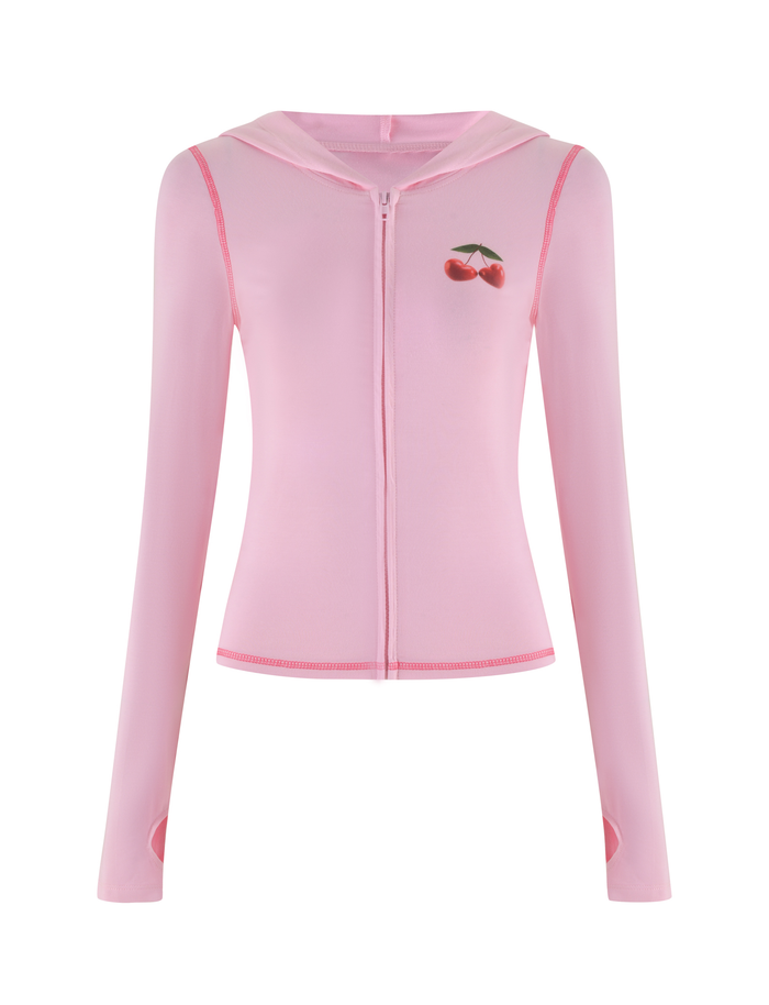 The TIGERMIST BLAYZE HOODIE in soft pink is a fitted zip-up jacket with long sleeves, a hood, and a small cherry graphic on the left chest.