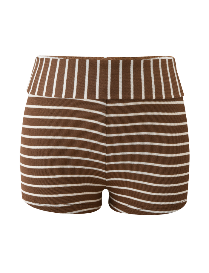 The BODE STRIPED SHORT by TIGERMIST features a cream and brown stripe design with a high foldover waistband, vertical stripes at the waist, and horizontal stripes on the mini short.