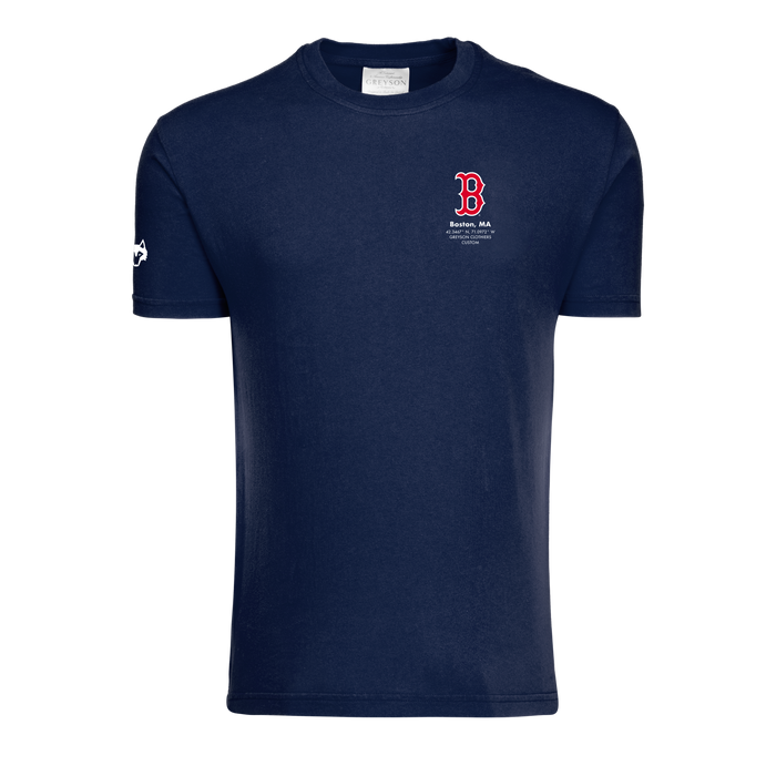 Maltese Blue Cotton Boston Red Sox Crewneck Tee - Front View, Wolf Sleeve Detail | Greyson Clothiers