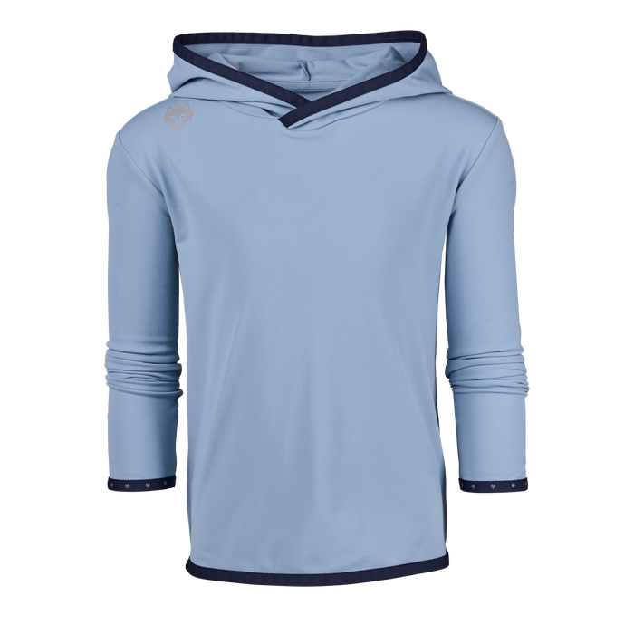 Wolf Blue Boy's Colorado Hoodie - Front View, Wolf Logo and Navy Contrast Trim | Greyson Clothiers