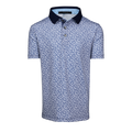 Falcon Youth Coral Dreams Short Sleeve Polo, Coral Print, Navy Collar - Front View | Greyson Clothiers