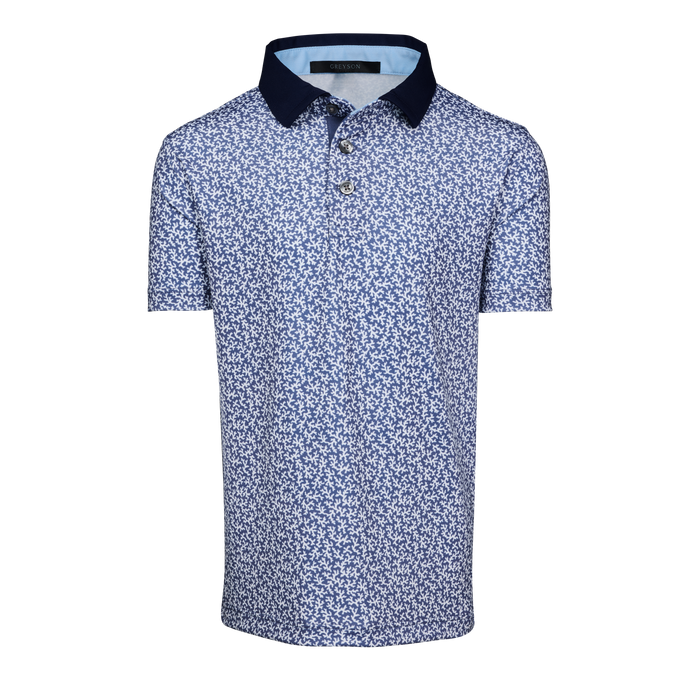 Falcon Youth Coral Dreams Short Sleeve Polo, Coral Print, Navy Collar - Front View | Greyson Clothiers