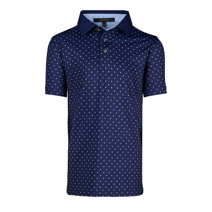 Maltese Blue Boy's Icon Short Sleeve Polo, wolf icon all-over print, 3-button placket - Front View | Greyson Clothiers