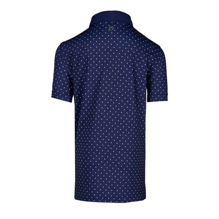 Maltese Blue Boy's Icon Polo, wolf logo at collar, all-over print performance polo - Back View | Greyson Clothiers