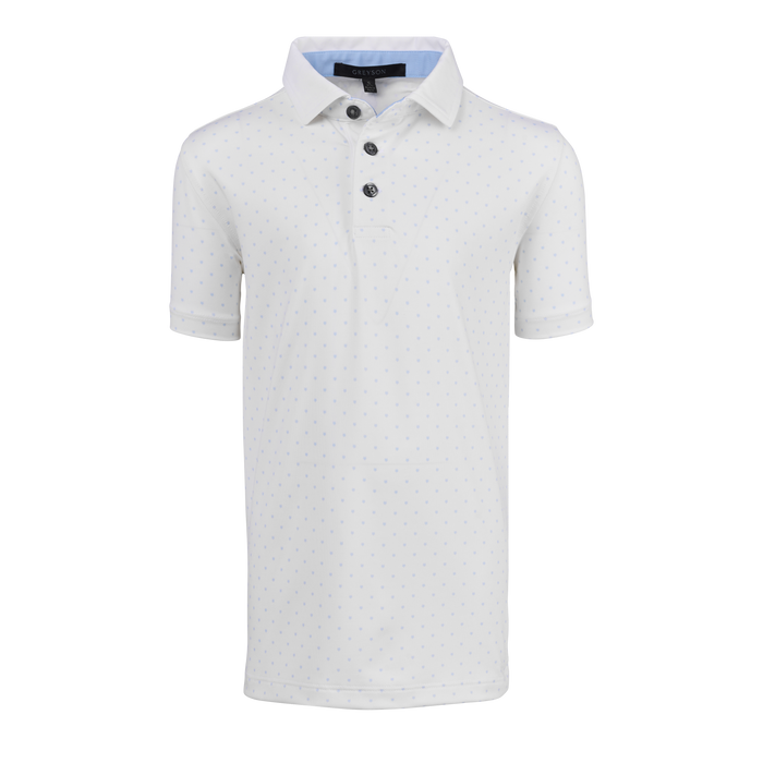 Arctic Boy's Icon Short Sleeve Polo, light blue all-over print, 3-button placket - Front View | Greyson Clothiers
