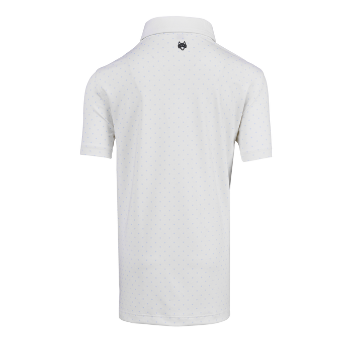 Arctic Boy's Icon Polo, wolf logo at collar, light blue dot print performance polo - Back View | Greyson Clothiers