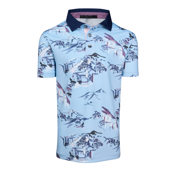 Wolf Blue Scenic Print Boys Short Sleeve Polo, Navy Contrast Collar - Front View | Greyson Clothiers
