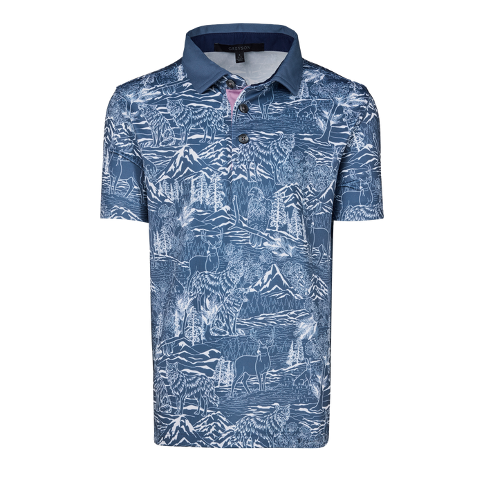 Vintage Indigo Boy's In The Valley Polo - Wolf & Nature Print, Front View | Greyson Clothiers