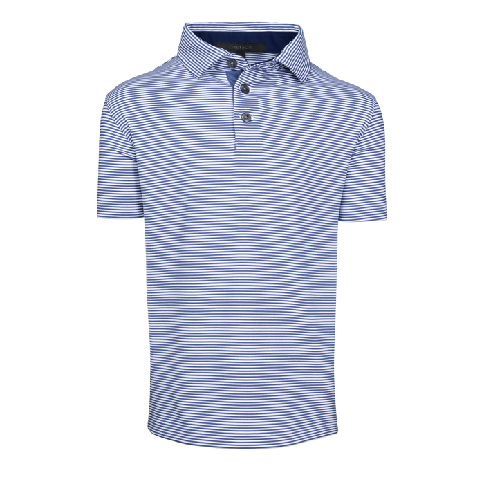 Arctic/Wolf Blue Striped Boy's Saranac Golf Polo, Four-Button Placket Detail - Front View | Greyson Clothiers