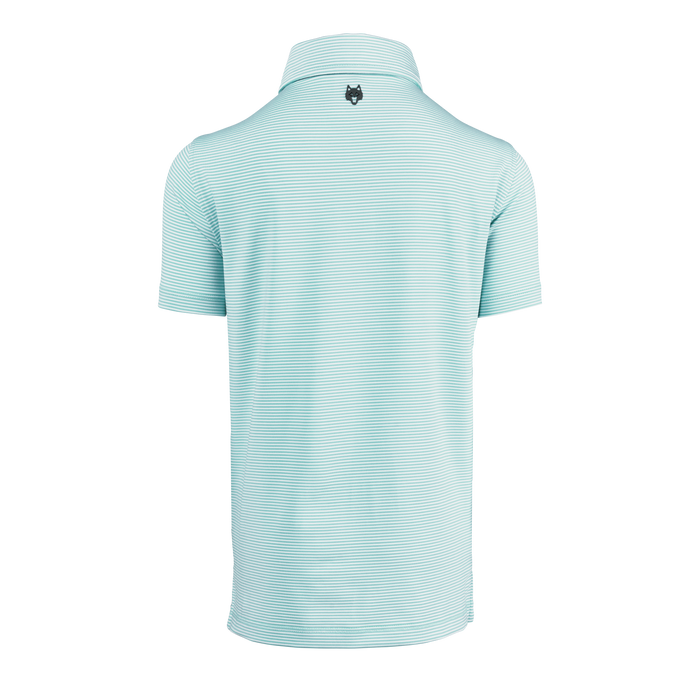 Jellyfish Mini-Stripe Boy's Saranac Polo, Wolf Logo Back Neck Detail - Back View | Greyson Clothiers