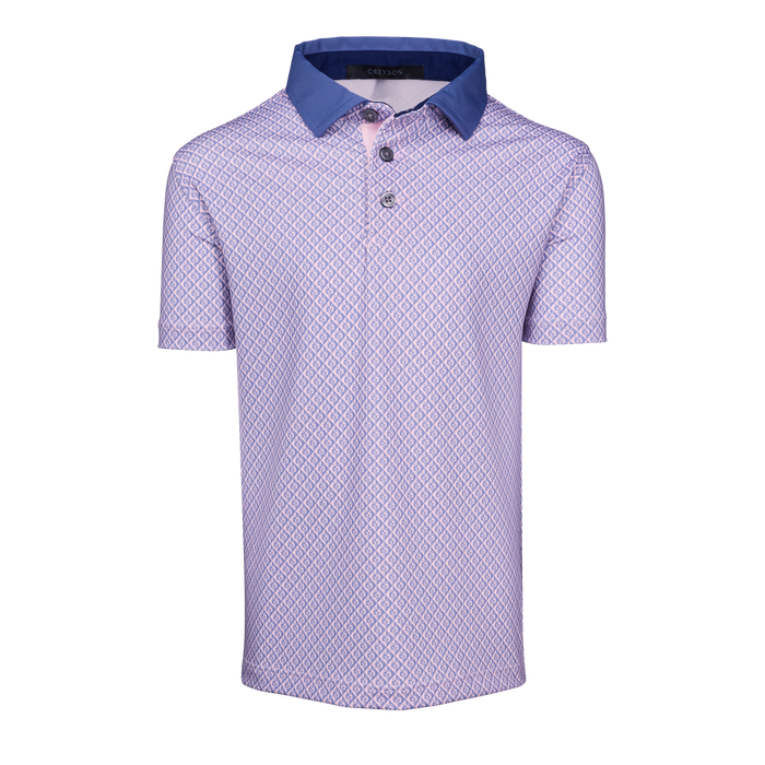 Pink Sky Boy's Shadow Wolf Short Sleeve Polo, Wolf Print, Contrast Blue Collar - Front View | Greyson Clothiers