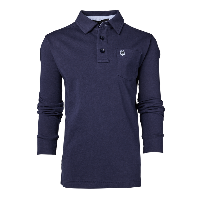 Wolf Blue Cotton Boy's Spirit Icon Long Sleeve Polo - Front View with Wolf Logo Pocket | Greyson Clothiers