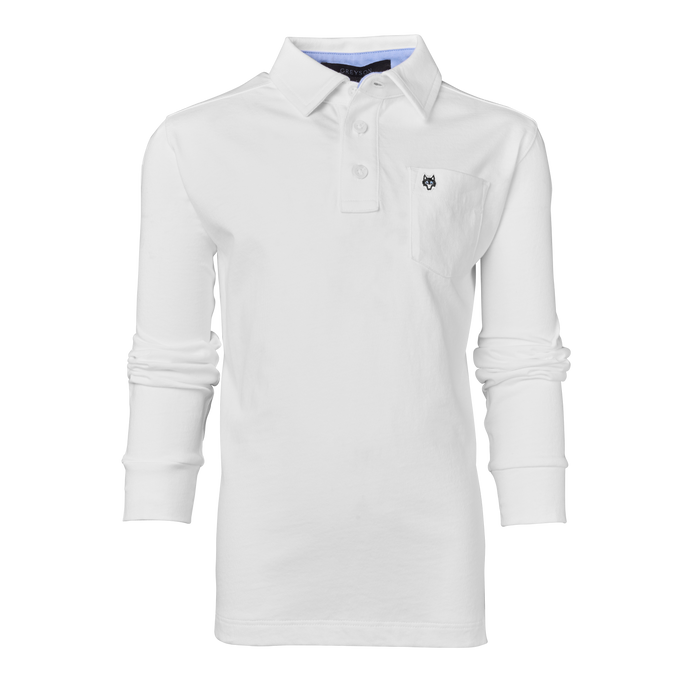 Arctic White Cotton Boy's Spirit Icon Long Sleeve Polo - Front View with Wolf Logo Pocket | Greyson Clothiers