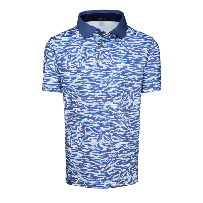 Wolf Blue Camo Print Boy's Short Sleeve Polo - Front View | Greyson Clothiers
