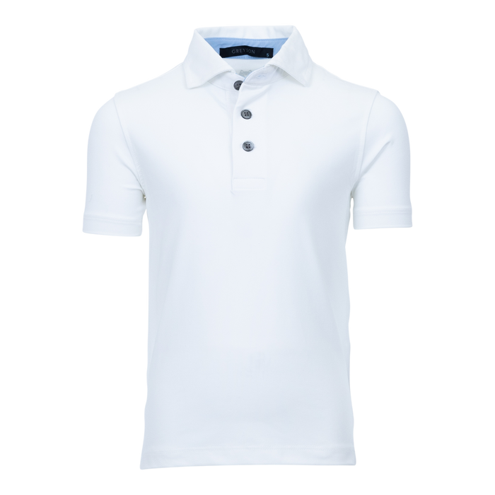 Greyson Clothiers Boy's Tala Polo in Arctic - White Front View | Youth Performance Golf Polo