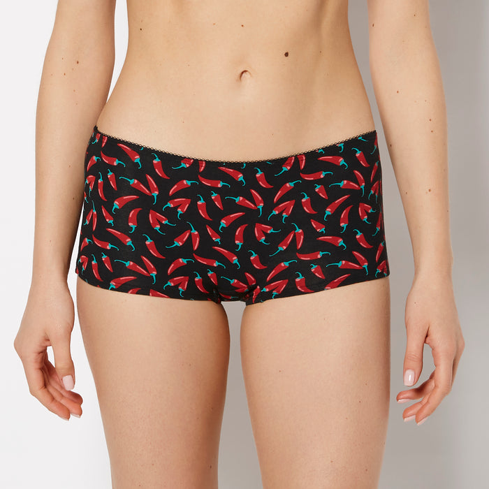 Boyshort Cotton Panty and Picot Trim in Hot Chili Peppers