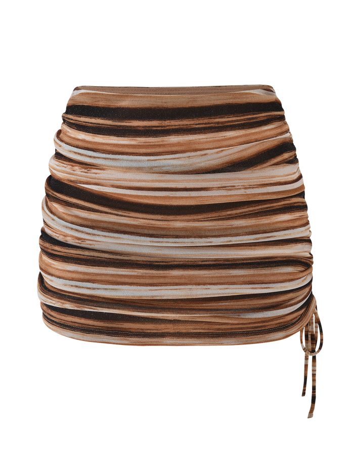 The TIGERMIST BRAELYN MINI SKIRT in brown stripe features ruched detailing and an adjustable side drawstring, shown against a white background.