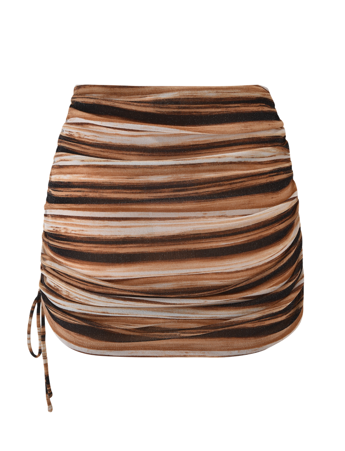 The TIGERMIST BRAELYN MINI SKIRT - BROWN STRIPE features horizontal brown, black, and beige stripes with ruched details and a side drawstring accent, shown on a white background.