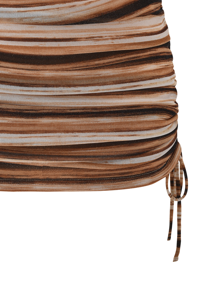 Close-up of the TIGERMIST BRAELYN MINI SKIRT in brown stripe, showcasing ruched fabric with brown, beige, and black horizontal stripes and a drawstring detail on the right side against a white background.