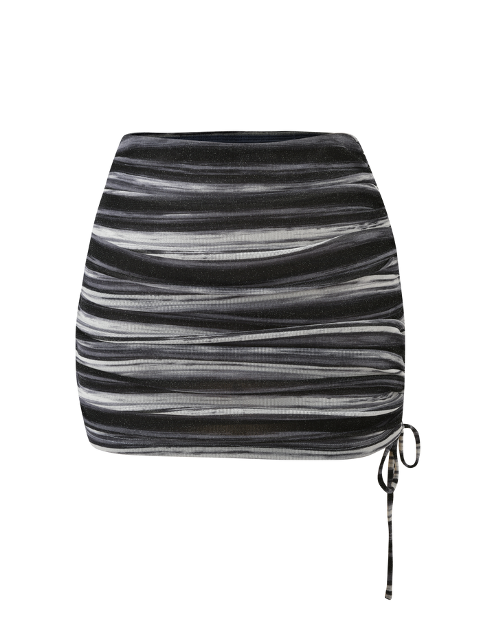 The BRAELYN MINI SKIRT by TIGERMIST features grey stripes, sparkly accents, ruching, and an adjustable right side drawstring, shown on a plain white background.