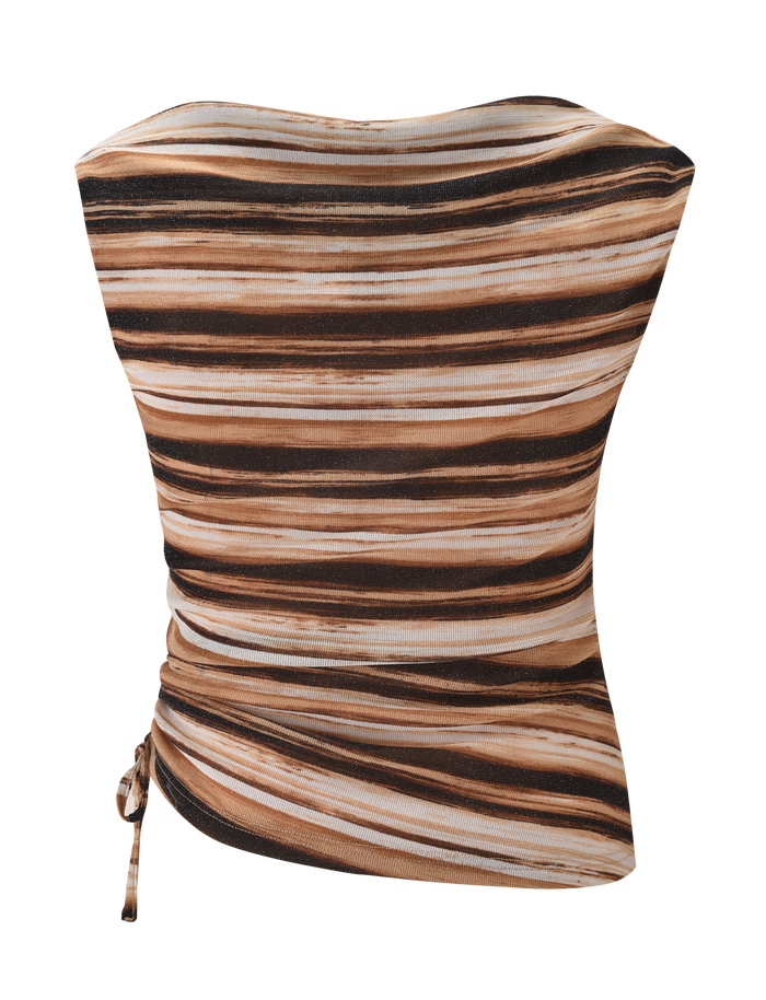 The TIGERMIST BRAELYN TOP - BROWN STRIPE is a strapless, fitted lurex top with gathered detail on one side and horizontal brown, beige, and white stripes.