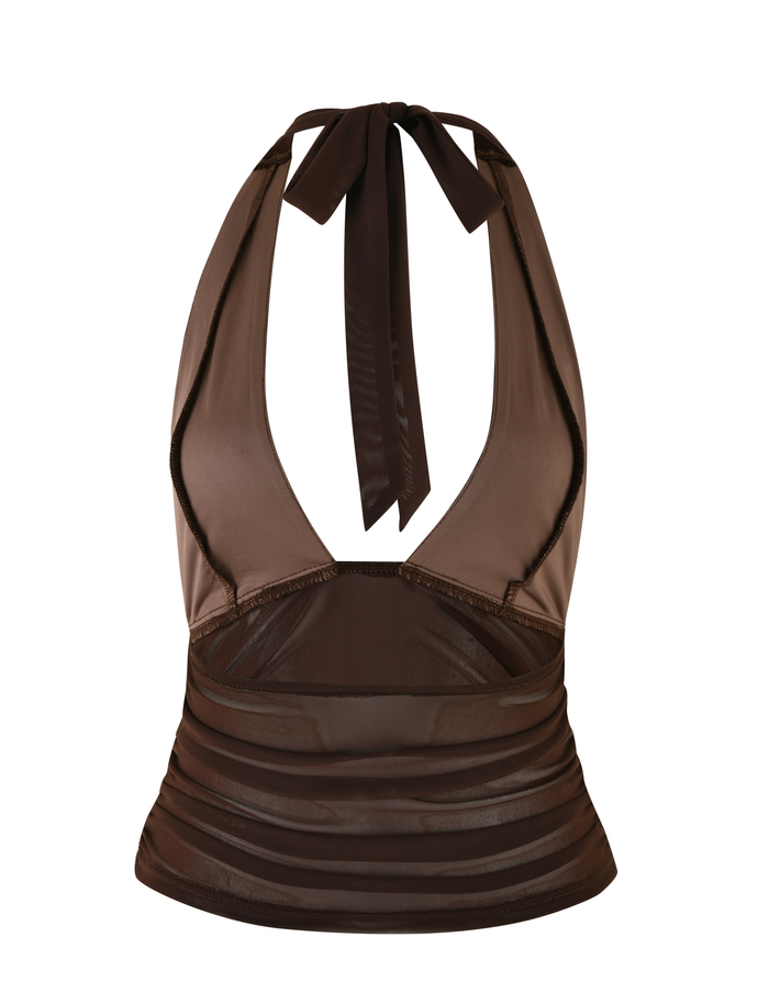 The TIGERMIST BRESILY TOP - BROWN : CHOCOLATE features a deep V neckline, form-fitting design, sheer mesh midsection, bow tie neck closure, slight sheen fabric, and subtle embroidery for added style.