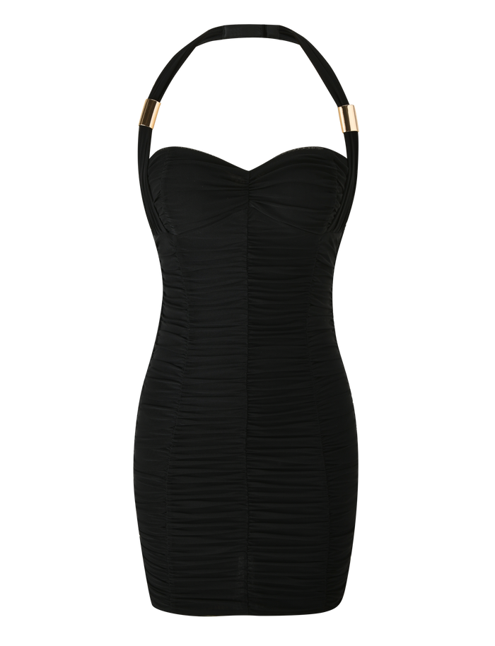 The TIGERMIST BRIALLEN MINI DRESS in black is a sculpting dress with ruched fabric, a sweetheart neckline, and an adjustable halter neck with gold accents.
