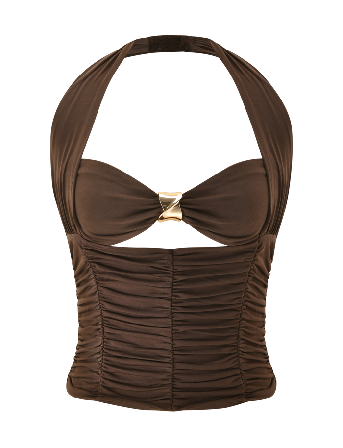 The BRIALLEN TOP - CHOCOLATE by TIGERMIST is a brown halter top with a sweetheart neckline, allover ruching, a front cut-out under the bust, and a gold metallic accent at the center.