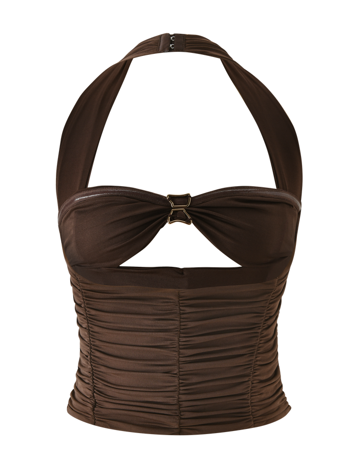 The TIGERMIST BRIALLEN TOP - CHOCOLATE is a brown halter top with a sweetheart neckline, ruched details, a keyhole cutout at the bust, and a decorative metal clasp at the center front.