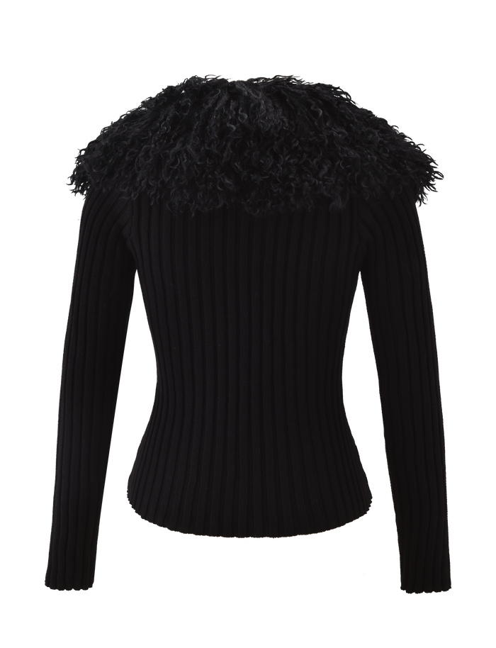 The TIGERMIST BRISA Jumper in black features long sleeves, a fitted ribbed knit design, and a wide, curly textured collar. Shown from the back against a plain white background.